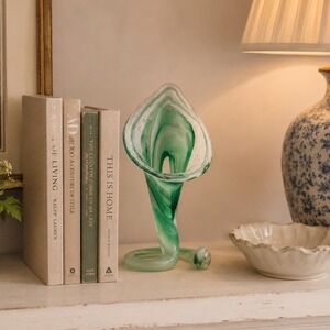 Vintage Green Swung Art Glass Vase Hand Blown Bud Vase Mid Century Style 7 3/4"